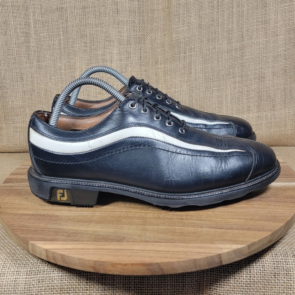 FootJoy‎ ICON Golf Shoes Black Leather White Stripe Spikes Mens Size 7.5 M